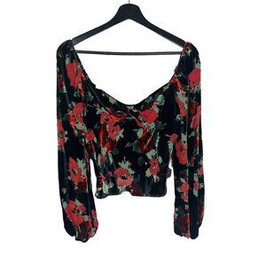 NWT Rixo Bridgette Black Red Sweetheart Neckline Velvet Floral Print Long Sleeve